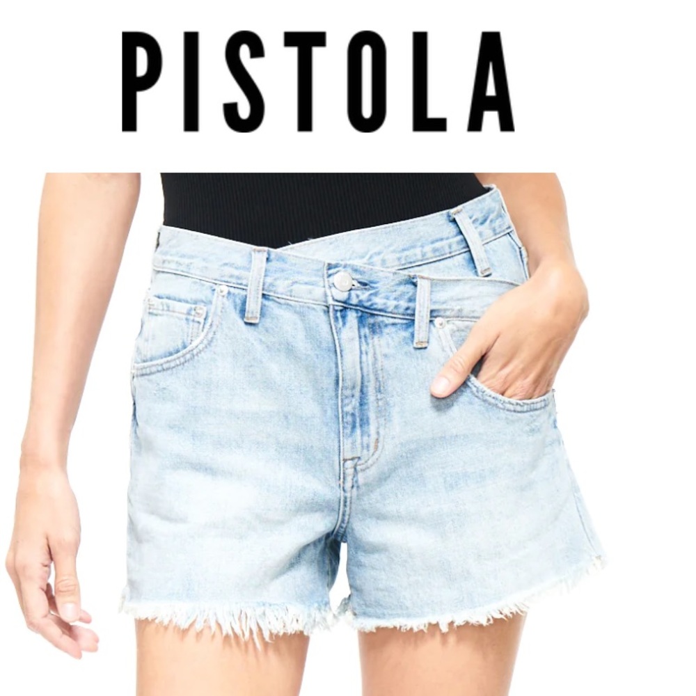 Pistola Light Wash Denim Frayed Hem Shorts